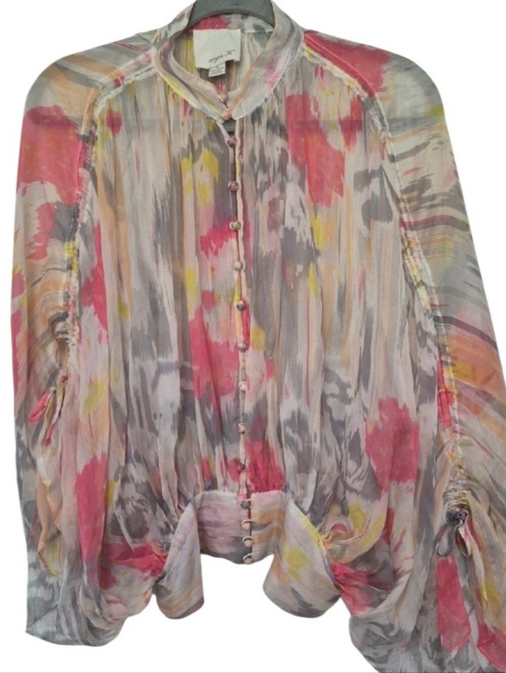 Aryn K. Size Small 100% Silk Blouse Abstract Print Dramatic Sleeves Semi-Sheer